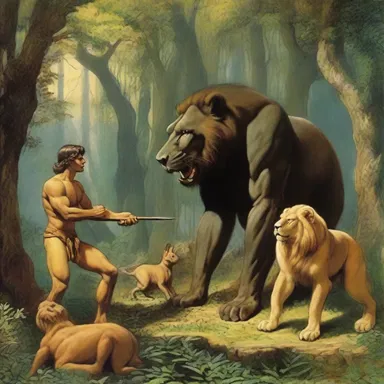 According to ancient mythology, the gods sent an animal trainer to tame and control the wild beasts in the mythical forest.
