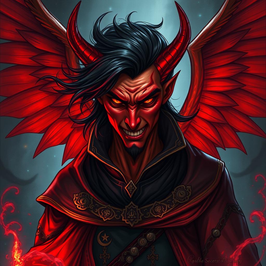 A captivating portrait of a sadistic male archmage, depicted as a red-winged tiefling
