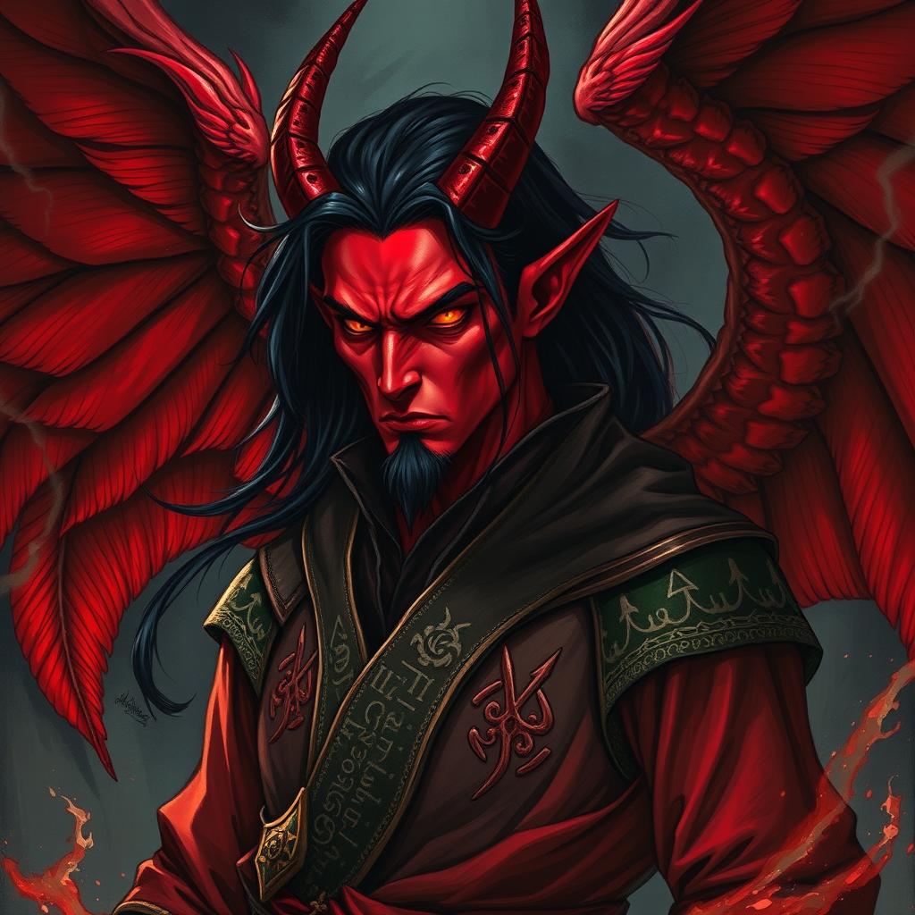 An intense portrait of a sadistic male archmage depicted as a red-winged tiefling