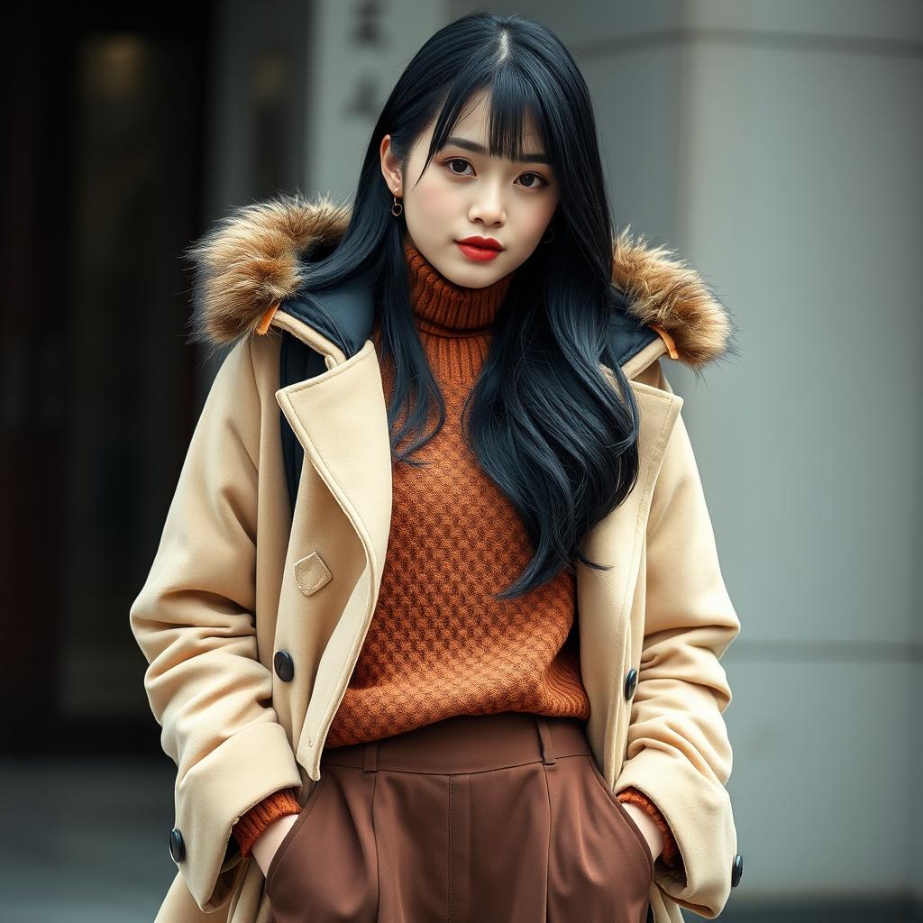 A young woman with long, layered black hair wearing a stylish coat with a furry hood, layering it over a vintage sweater and traditional áo dài