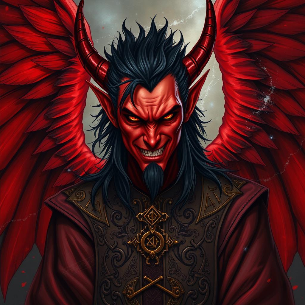 An intense portrait of a sadistic male archmage, represented as a red-winged tiefling