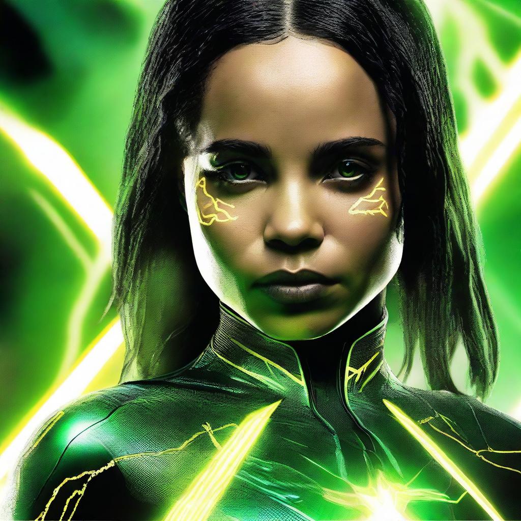 Zoe Kravitz with straight black hair, wearing a green, MCU-style technological superhero costume with yellow lightning designs. Detailed tech touches suggest a connection to electricity, her eyes are like yellow lightning and she exhibits yellow electrical powers.