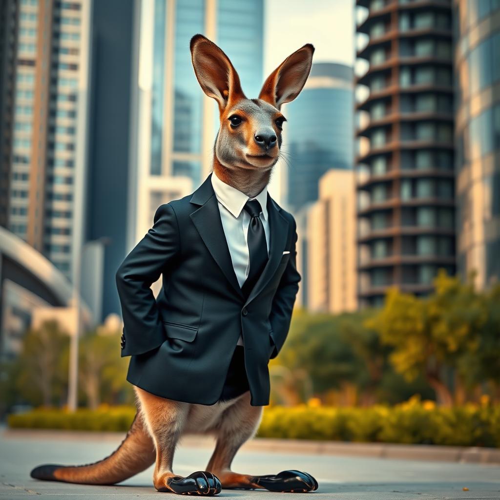 A sophisticated kangaroo dressed in a stylish black suit, standing confidently in an urban setting