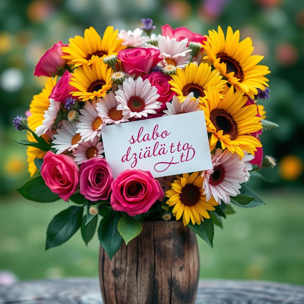 A vibrant and colorful bouquet of flowers featuring a mix of roses, daisies, and sunflowers