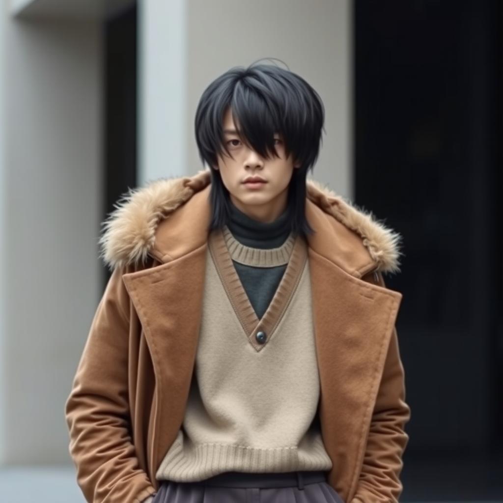 A young man with long, layered black hair wearing a stylish coat with a furry hood, layering it over a vintage sweater and traditional áo dài