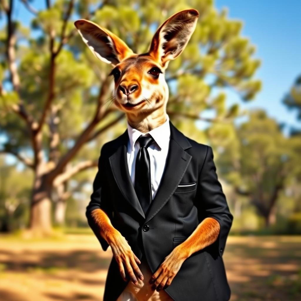 A kangaroo standing upright, elegantly dressed in a tailored black suit, complete with a crisp white shirt and a sleek black tie