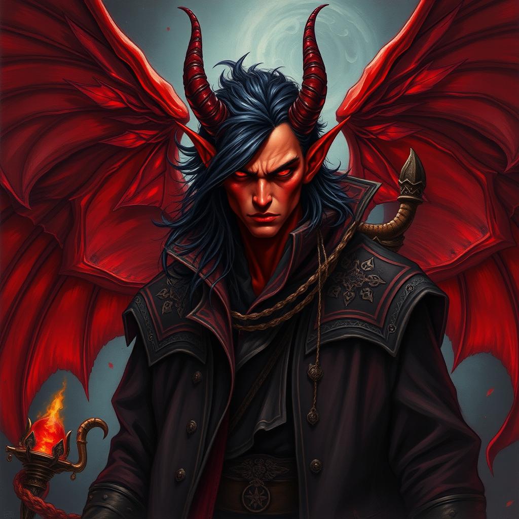 A striking portrait of a sadistic male archmage represented as a red-winged tiefling