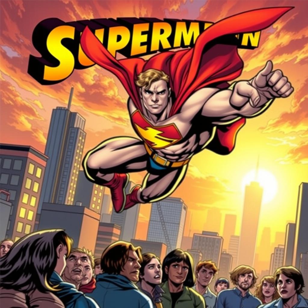 A dynamic comic book cover featuring a powerful superhero mid-action, wearing a vibrant costume with a flowing cape, showcasing muscular build and strong poses