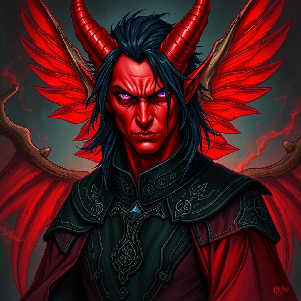 A captivating portrait of a sadistic male archmage, portrayed as a red-winged tiefling