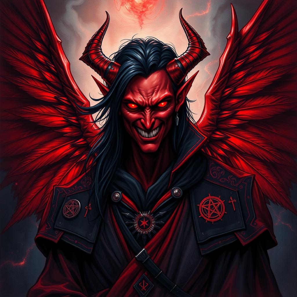 A striking and ominous portrait of a sadistic male archmage, depicted as a red-winged tiefling