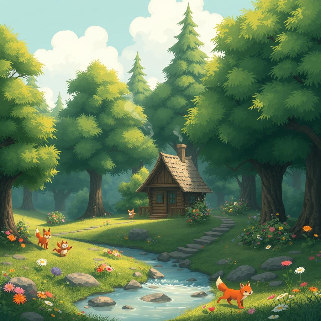 A whimsical and enchanting forest scene inspired by the imaginative style of Studio Ghibli, featuring lush verdant trees, vibrant flora, and soft, magical lighting