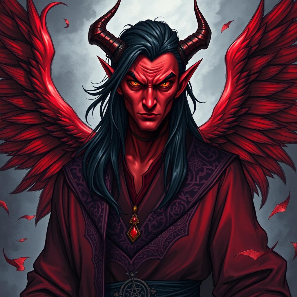 An engaging portrait of a sadistic male archmage, depicted as a red-winged tiefling
