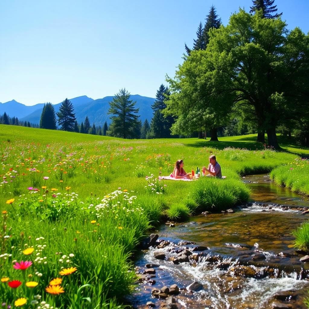 A serene landscape featuring a lush green meadow under a clear blue sky, with vibrant wildflowers in various colors