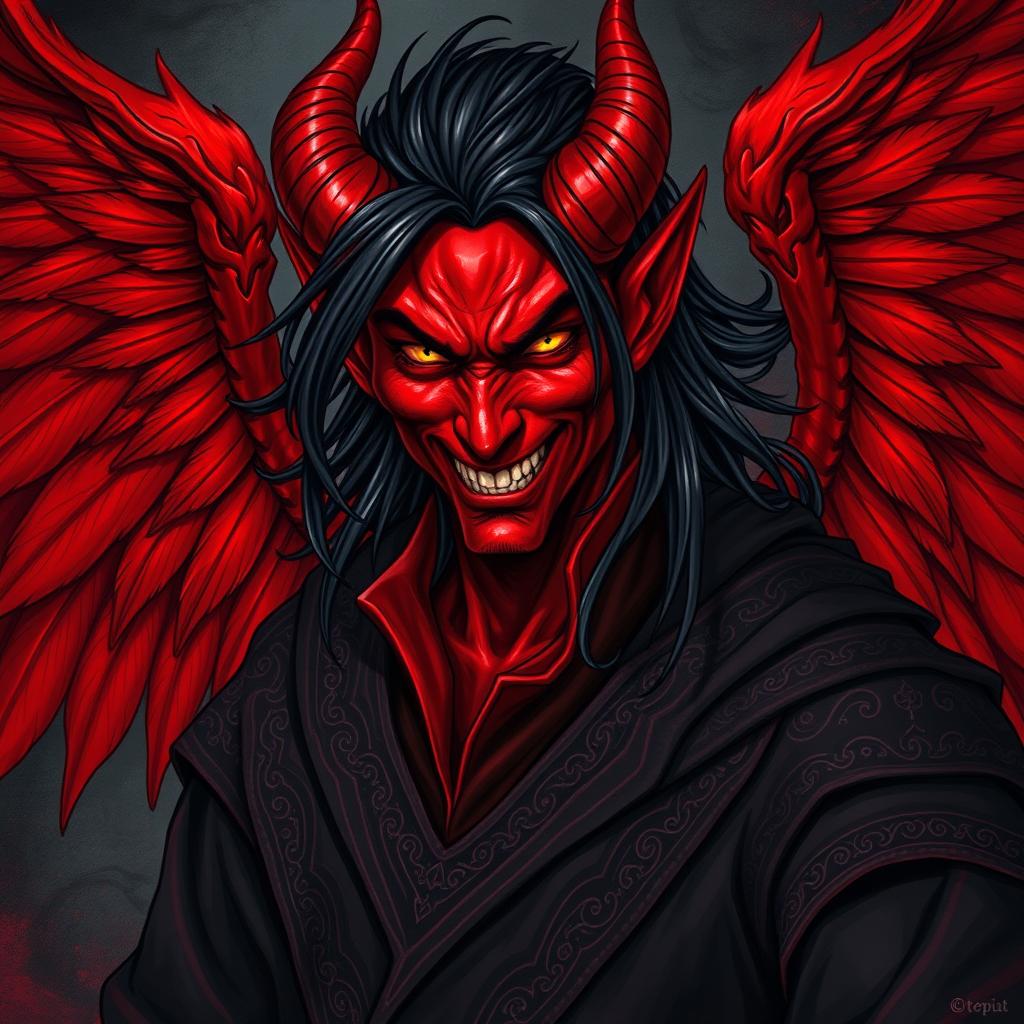 An intense portrait of a sadistic male archmage depicted as a red-winged tiefling