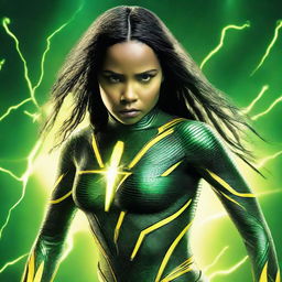 Zoe Kravitz with straight black hair, wearing a green, MCU-style technological superhero costume with yellow lightning designs. Detailed tech touches suggest a connection to electricity, her eyes are like yellow lightning and she exhibits yellow electrical powers.