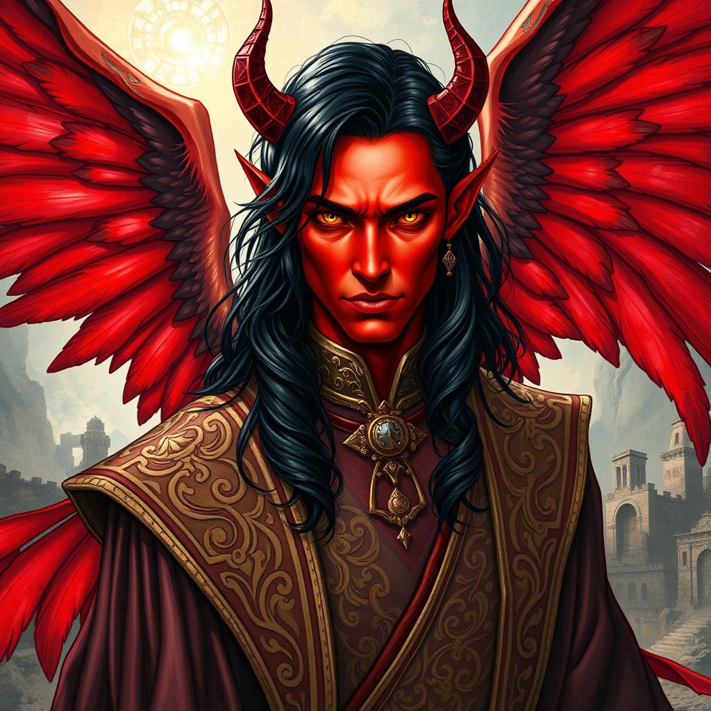An elaborate portrait of a male archmage, depicted as a red-winged tiefling