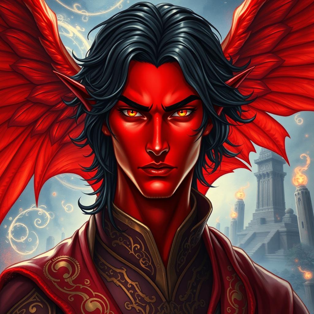 A captivating portrait of a male archmage, portrayed as a red-winged tiefling