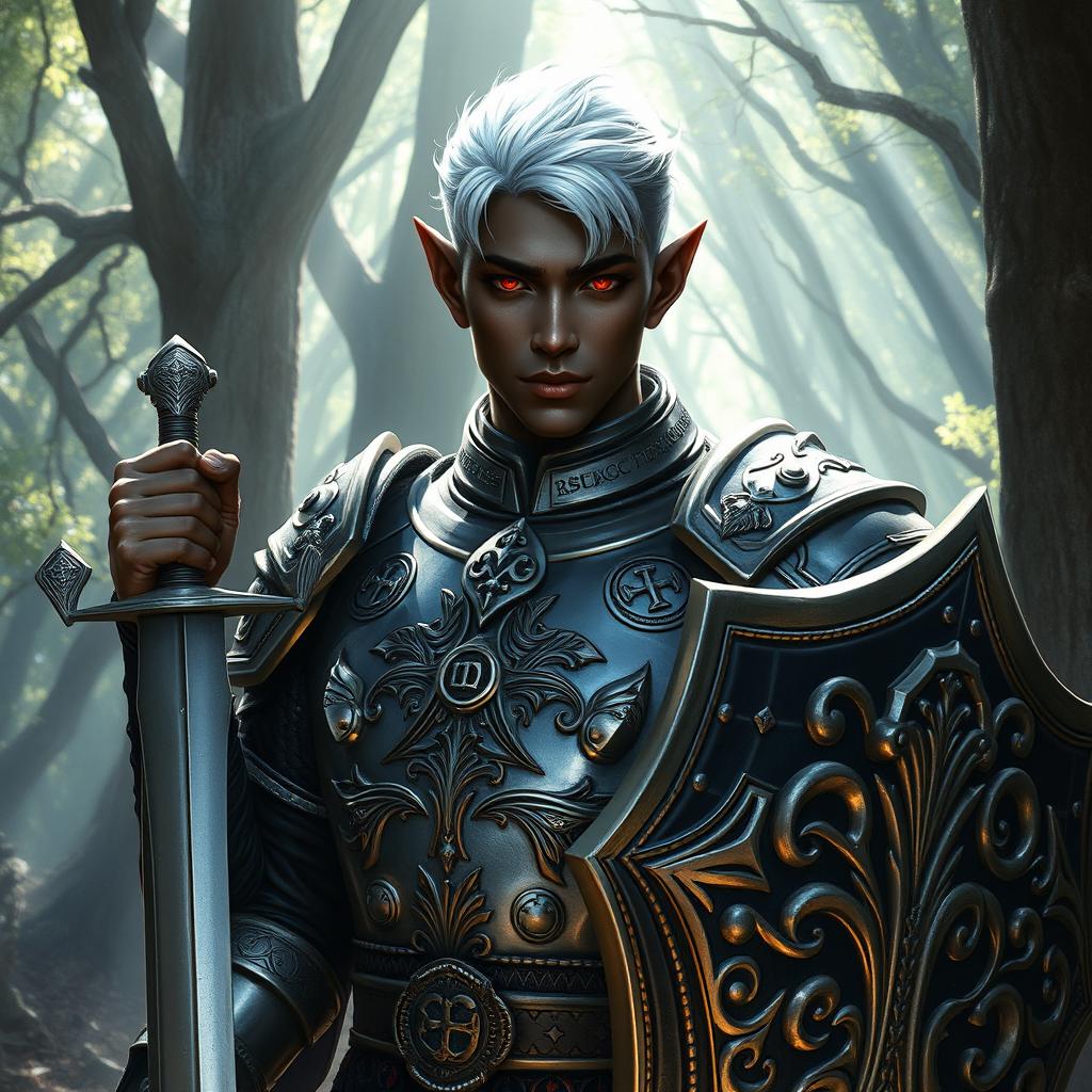 A male drow elf paladin standing proudly, showcasing his ethnic features with dark skin and striking white hair styled in a short, practical cut