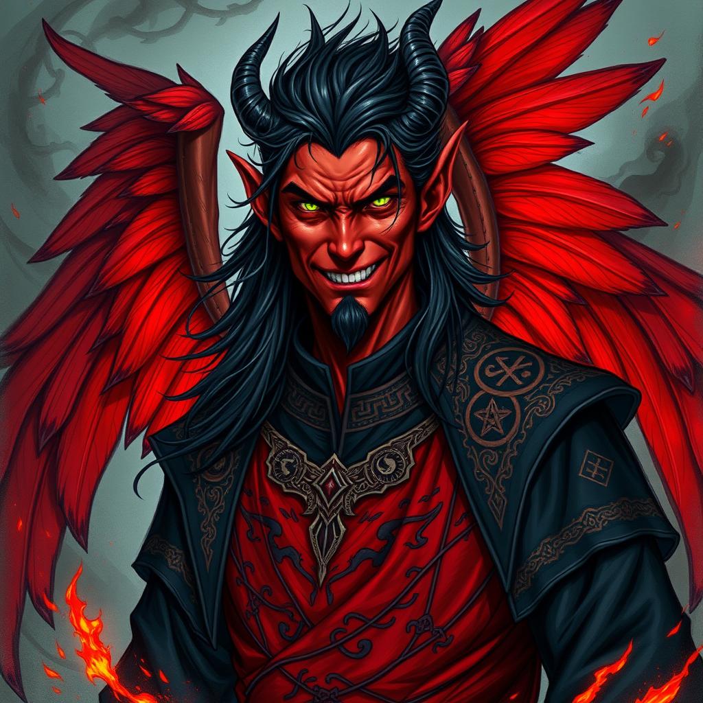 An imposing portrait of an evil male archmage portrayed as a red-winged tiefling