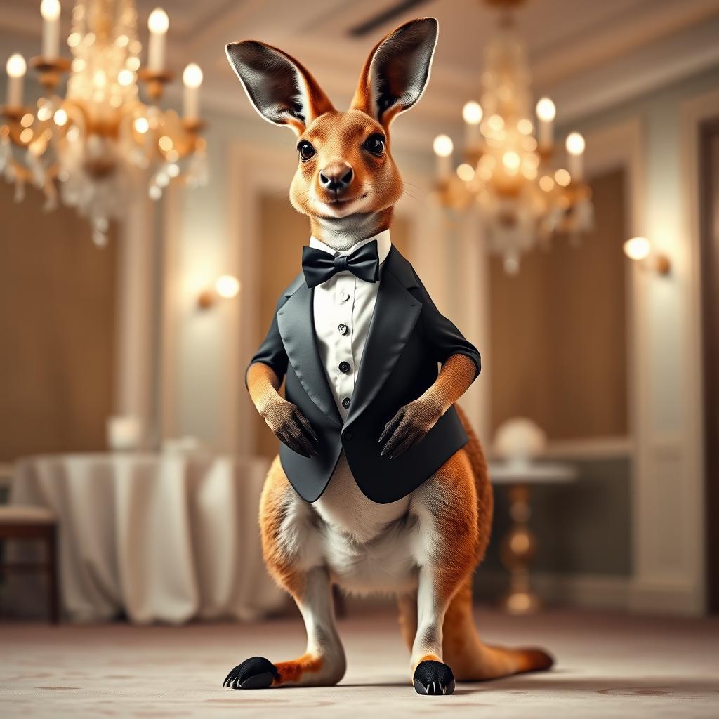 A stylish kangaroo dressed in formal wear, complete with a sleek tuxedo that has a crisp white shirt and a bow tie, standing confidently on its hind legs