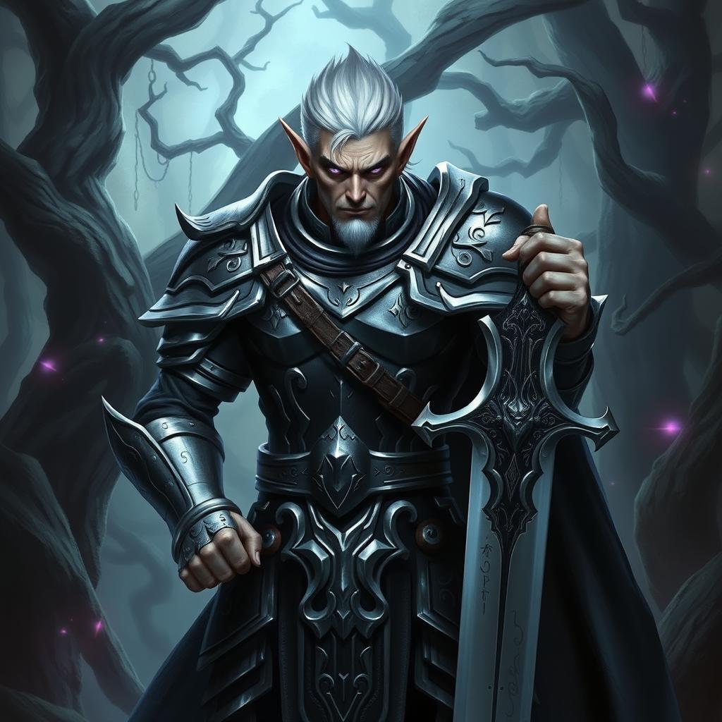 A strong male drow elf paladin standing heroically in a dark, enchanted forest