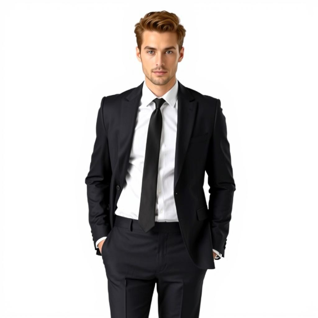 A stylish man wearing a sleek black suit, perfectly tailored to fit, showcasing a confident and professional demeanor