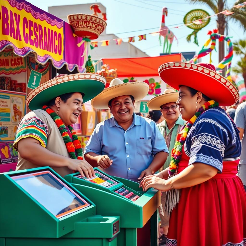 A vibrant and colorful representation of a traditional Mexican betting scene, showcasing a lively street fair atmosphere