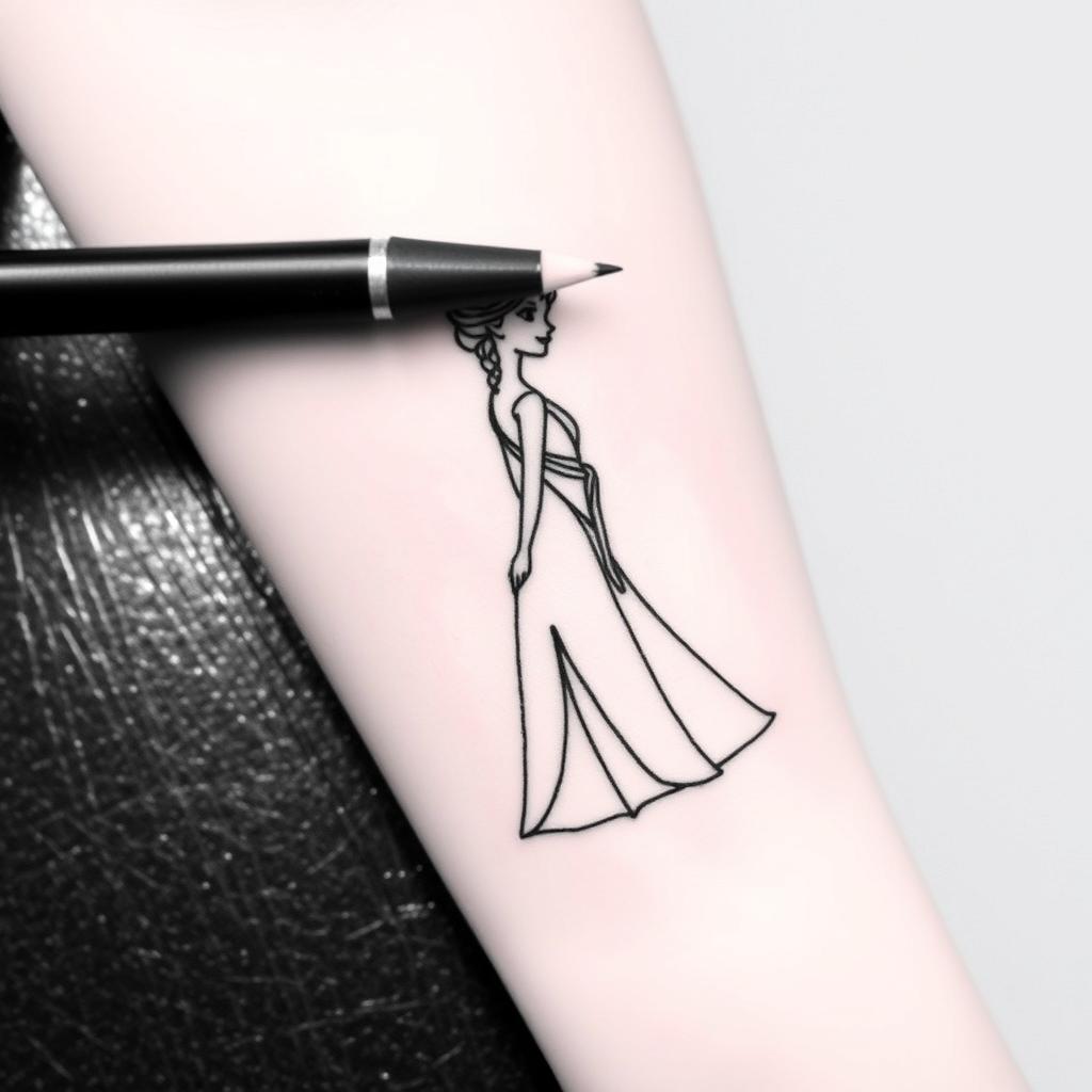 A minimalist black and white tattoo design featuring a simple line art representation of Elsa from Frozen, capturing her iconic silhouette and elements such as her braid and dress in an elegant yet simple style, emphasizing a clean and striking linework aesthetic