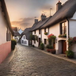 A serene and peaceful sunset over a quaint little town with thatched houses and cobblestone streets