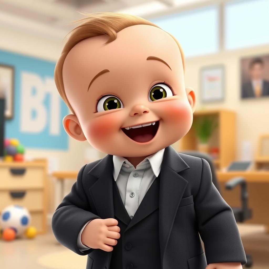 A whimsical scene featuring a cartoonish baby in a stylish black suit and a crisp white shirt, inspired by the character Boss Baby