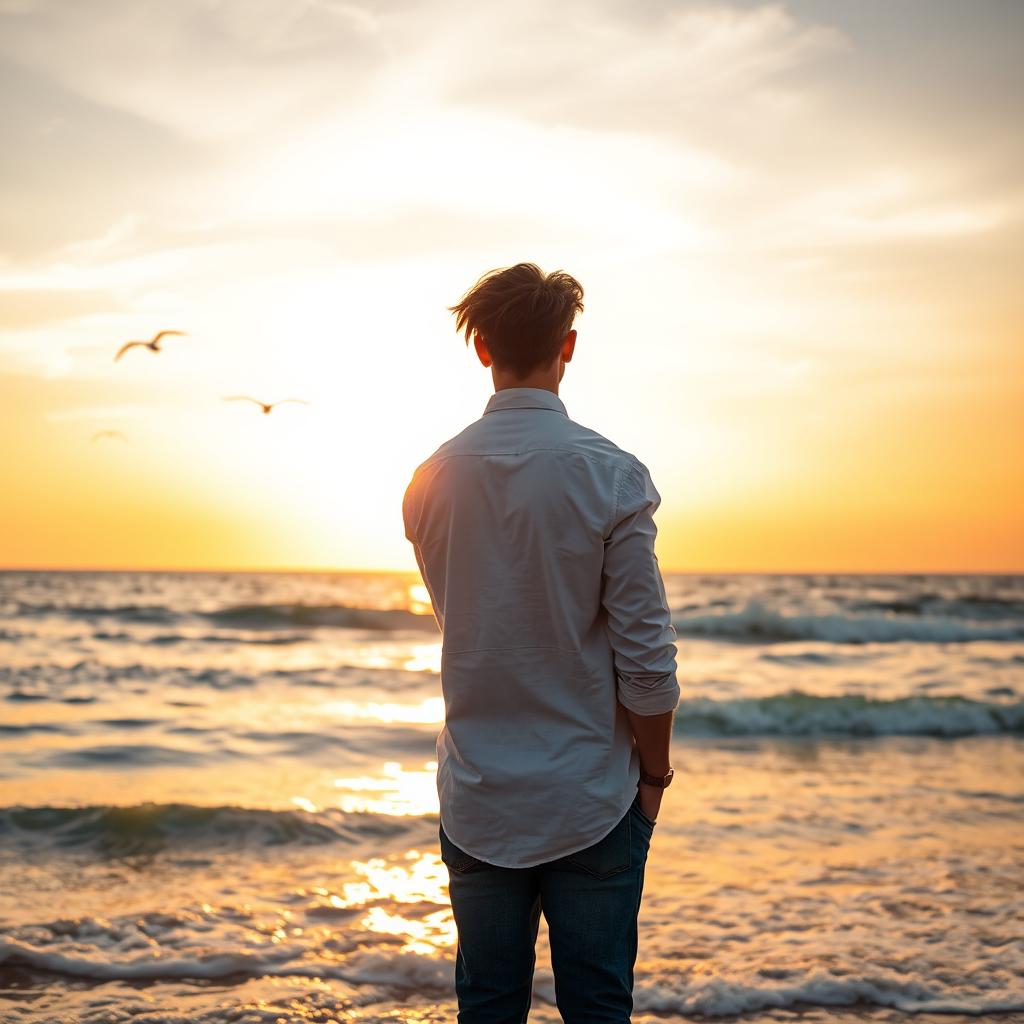 A serene scene of a man standing with his back to the viewer, gazing thoughtfully at the vast ocean