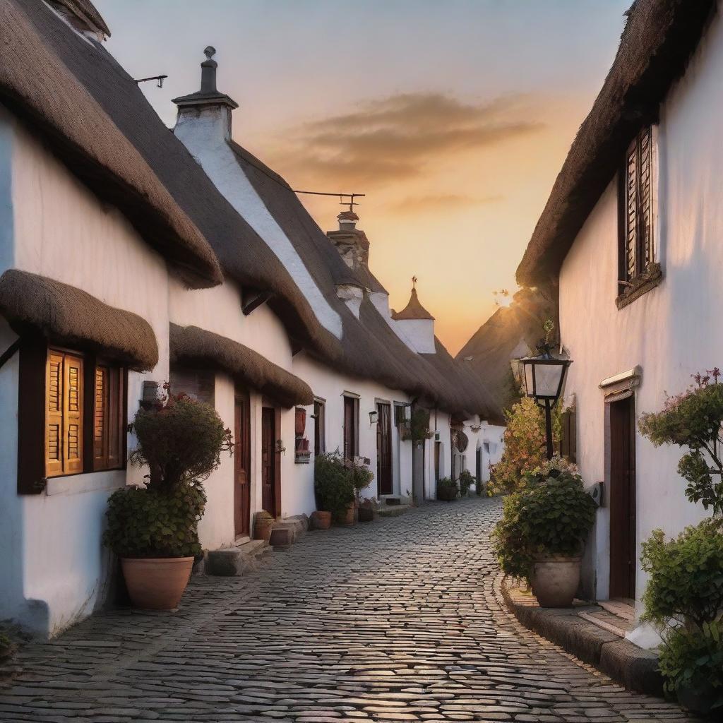 A serene and peaceful sunset over a quaint little town with thatched houses and cobblestone streets