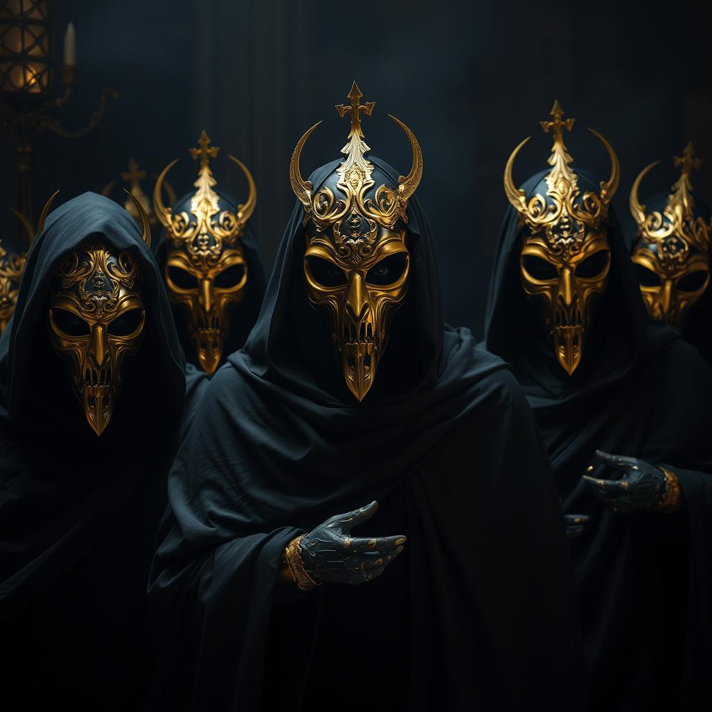 A dramatic scene featuring a group of cultists wearing elaborate golden masks, each intricately designed with unique patterns and symbols