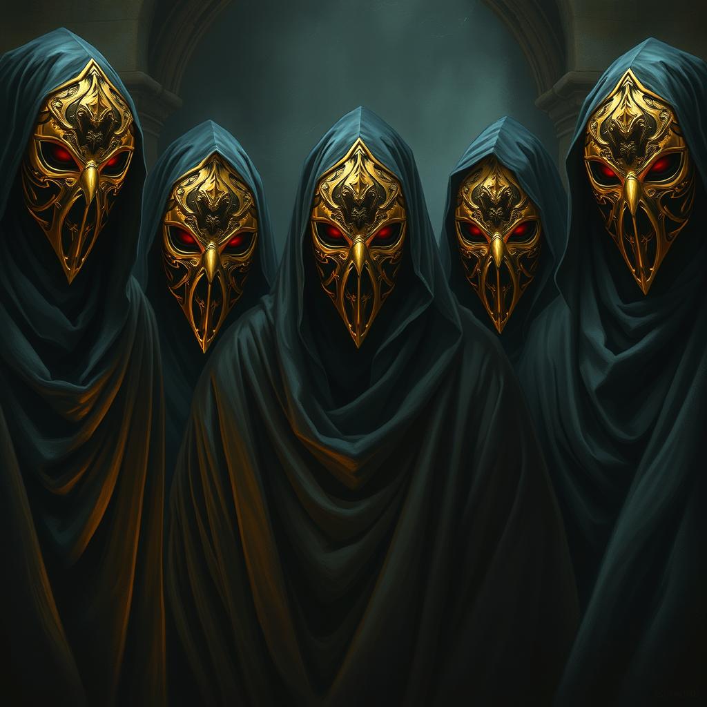 A detailed Dungeons & Dragons portrait featuring a group of cultists wearing ornate golden masks that reflect light in intricate patterns