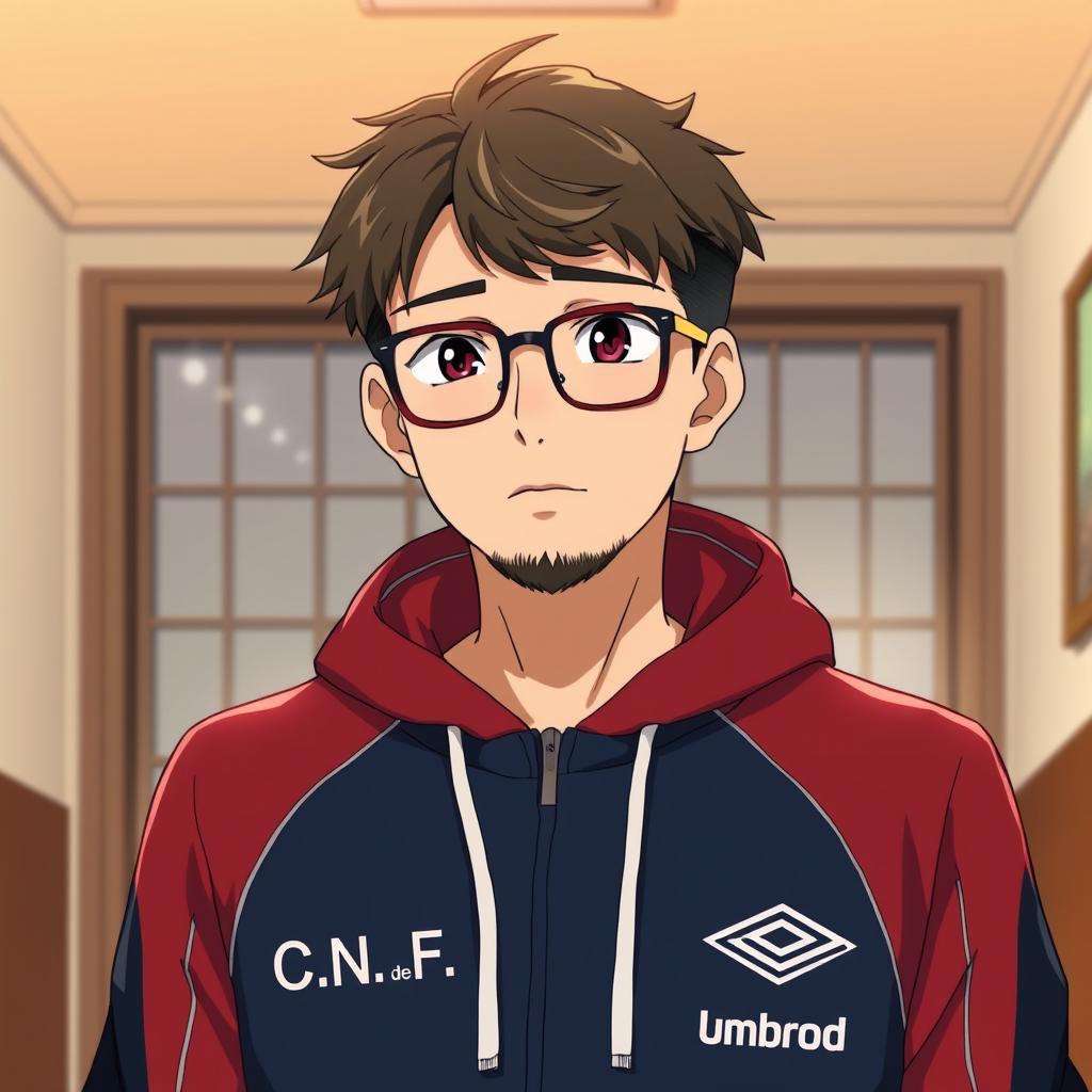 Vertical portrait in Studio Ghibli style of a young man wearing glasses, a short beard, and a hood
