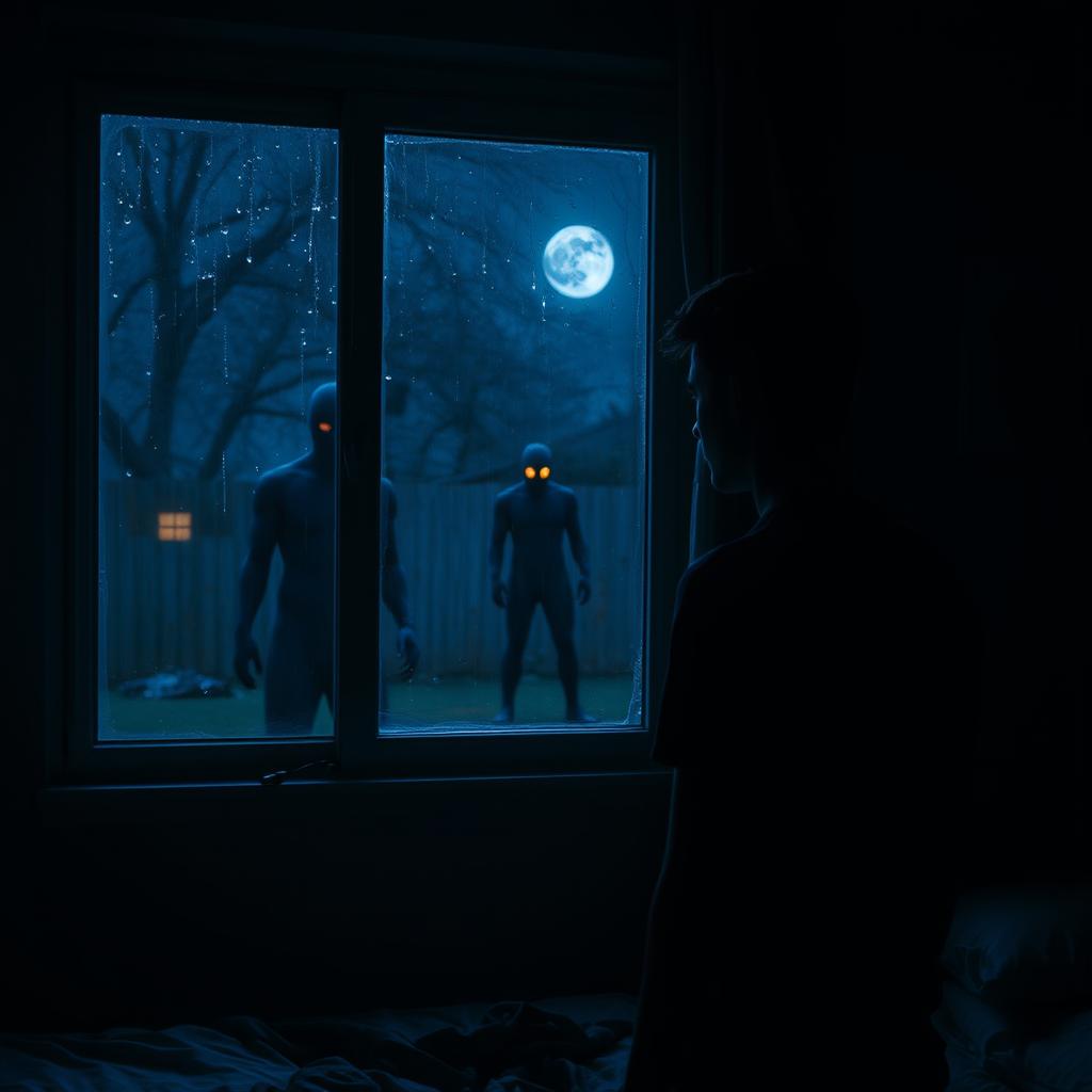 A young man stands inside a dimly lit bedroom at night, gazing intently out through a rain-speckled window