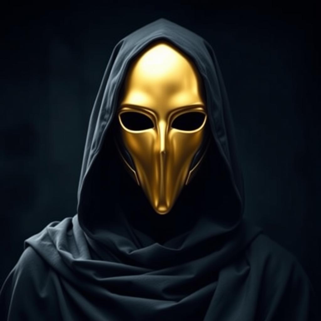 A striking portrait of a single cultist wearing a plain golden mask and a flowing black cloak that envelops their head and shoulders