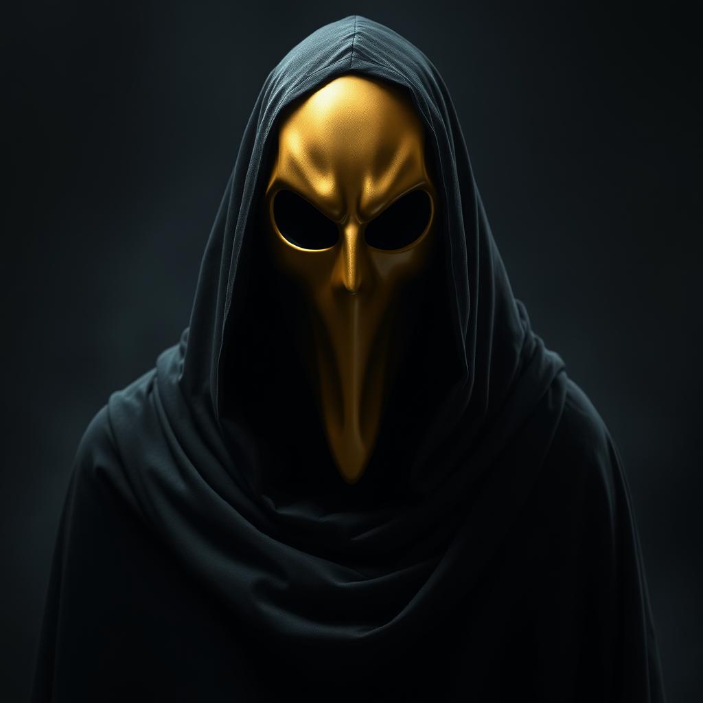 A captivating portrait of a single cultist wearing a plain golden mask that has a smooth, eerie surface, exuding a sense of fear and mystery