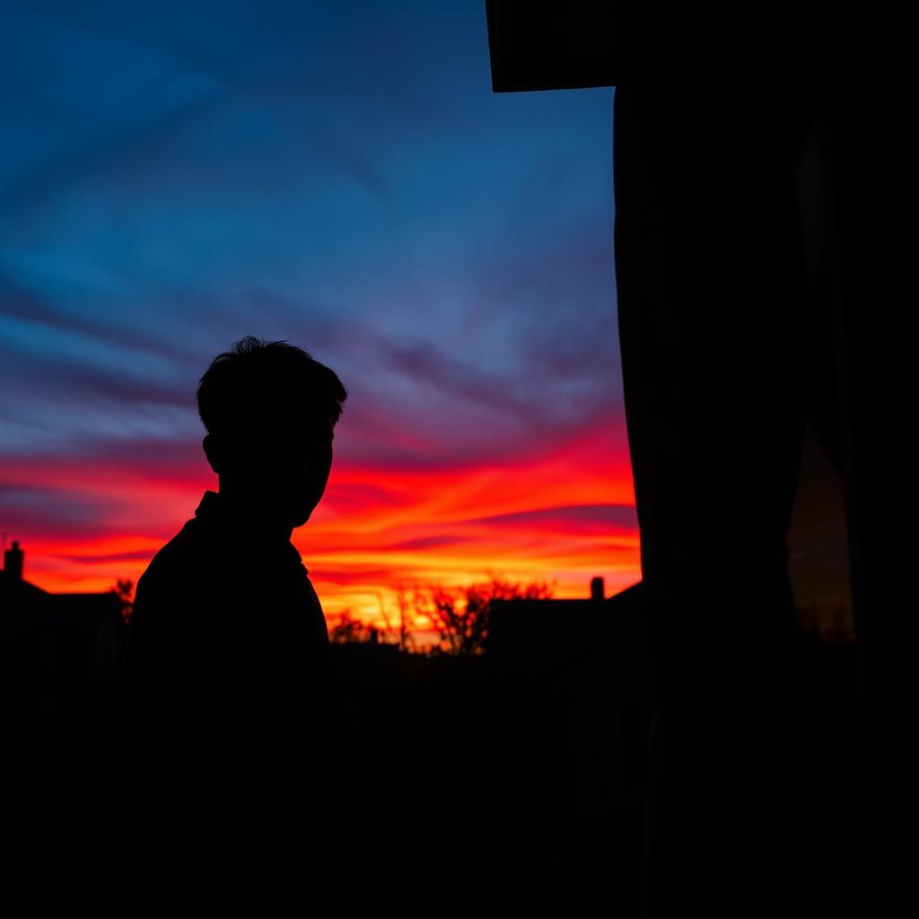 At sunset, a dark silhouette with ember-like glowing eyes stands ominously outside a suburban window