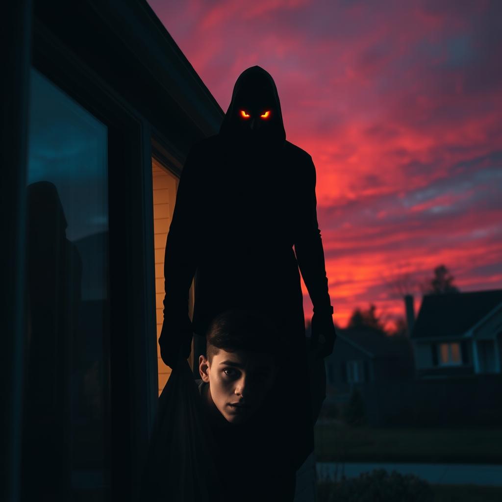 At sunset, a dark silhouette with ember-like glowing eyes stands hauntingly outside a suburban window