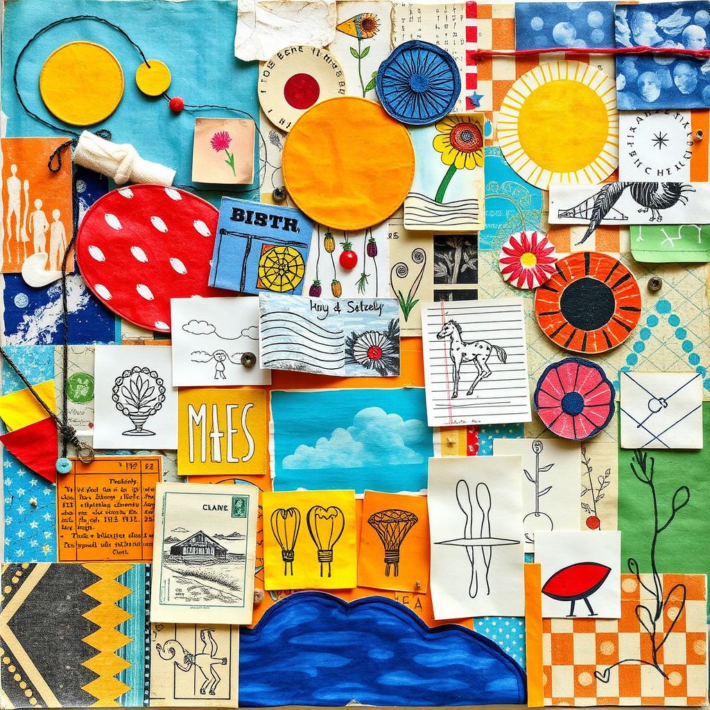 A vibrant and eclectic collage featuring a variety of artistic elements including abstract shapes, colorful patterns, magazine clippings, hand-drawn illustrations, and fabric textures