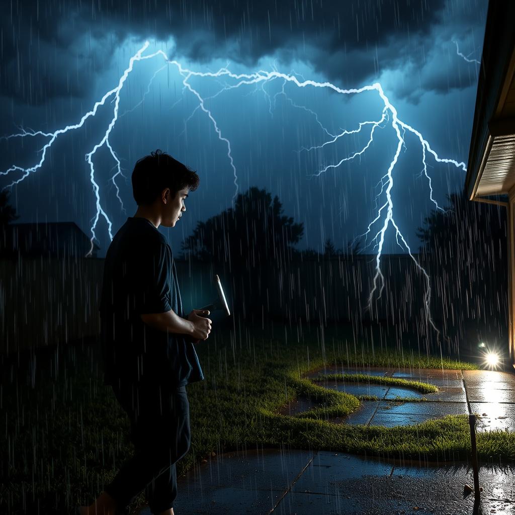 During a violent thunderstorm, a young man steps into a rain-drenched backyard, gripping a flashlight tightly