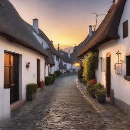 A serene and peaceful sunset over a quaint little town with thatched houses and cobblestone streets