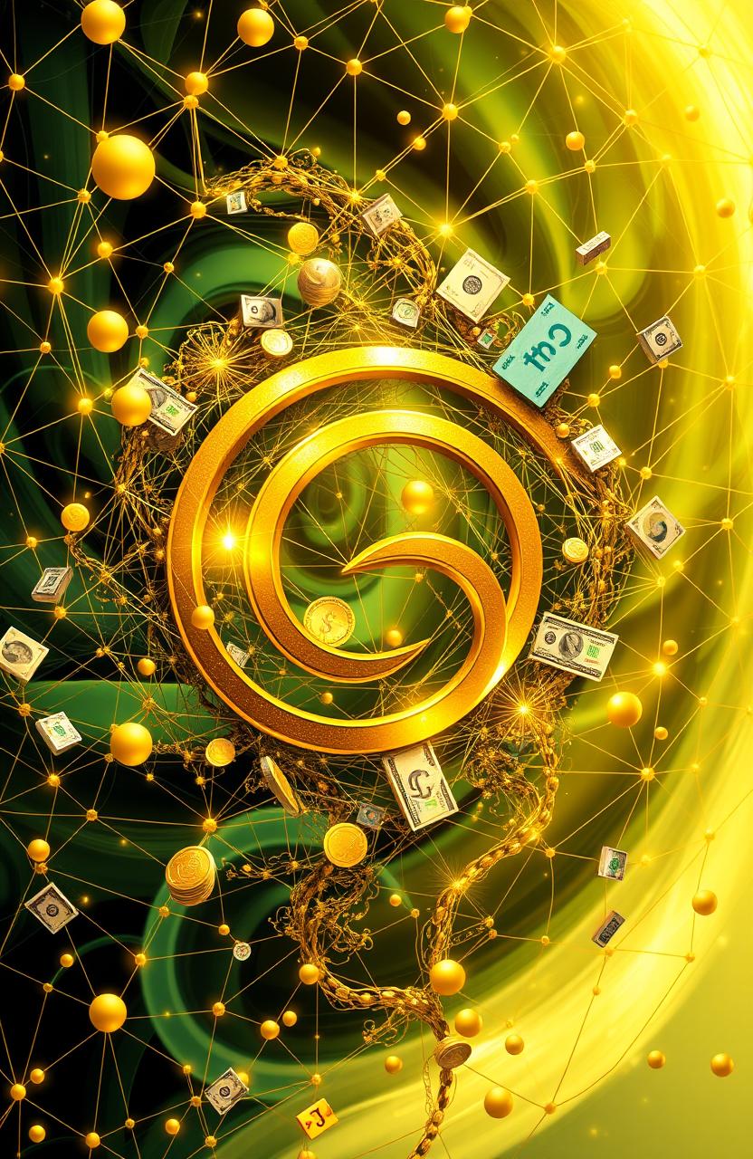 A visually stunning and abstract representation of the concept of wealth and numbers, featuring elements like golden spirals representing the "Golden Ratio," intertwined with symbols of currency and digital numbers