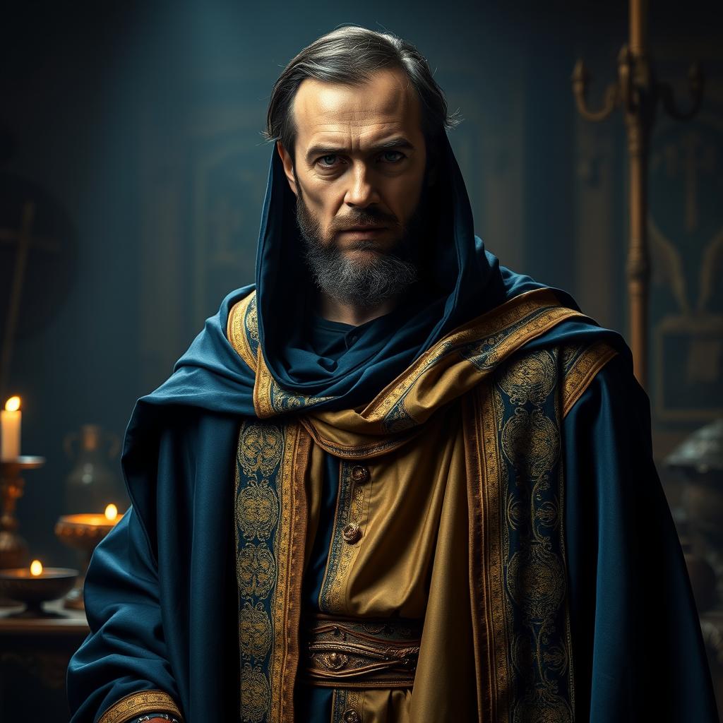 A striking representation of a contemporary leader resembling the Polish Prime Minister, depicted as Judas Iscariot from biblical times