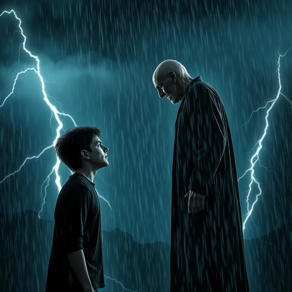 A terrifying moment in the storm unfolds as the shadowy figure steps forward, revealing itself to be an older version of the young man