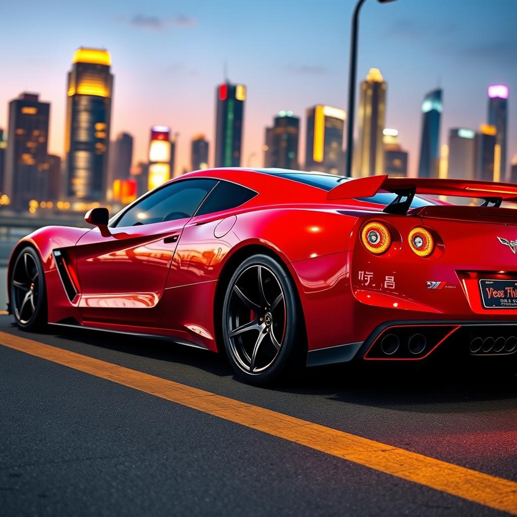 A sleek, high-performance sports car with a glossy red exterior, aerodynamic curves, and aggressive styling