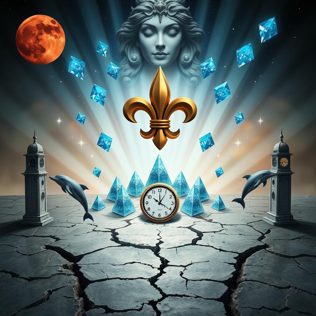 A mystical scene depicting a cracked ground with a small clock tower on both the left and right sides of the image