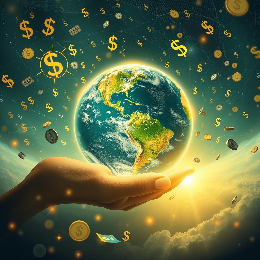 An enchanting and thought-provoking illustration that connects the Earth, mystery, and the world of money and numbers