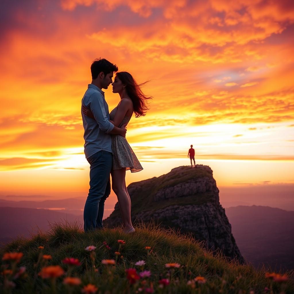 Two people deeply in love, standing on opposite sides of a vast landscape